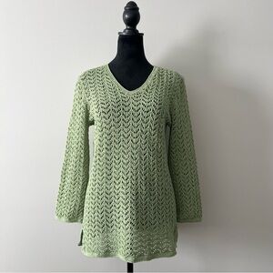 Vintage Open Knit Crochet Pistachio Green V-Neck Sweater